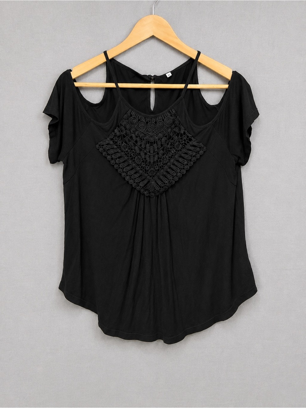 BOHO COLD SHOULDER CROCHET LACE BLACK TANK TOP XL